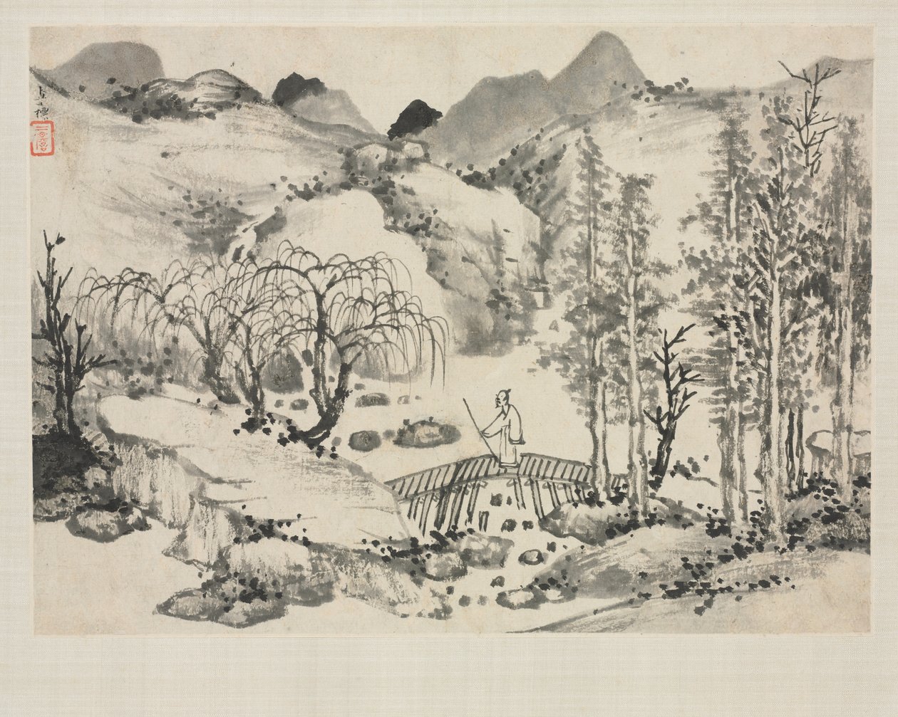 Landschaftsalbum in verschiedenen Stilen: Landschaft mit Künstler auf einer Brücke, 1684 von Zha Shibiao
