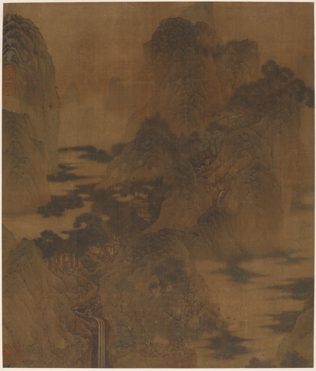 Landschaft: Bergschlucht, Nebel, ein Bach und Gebäude von Zhang Hong