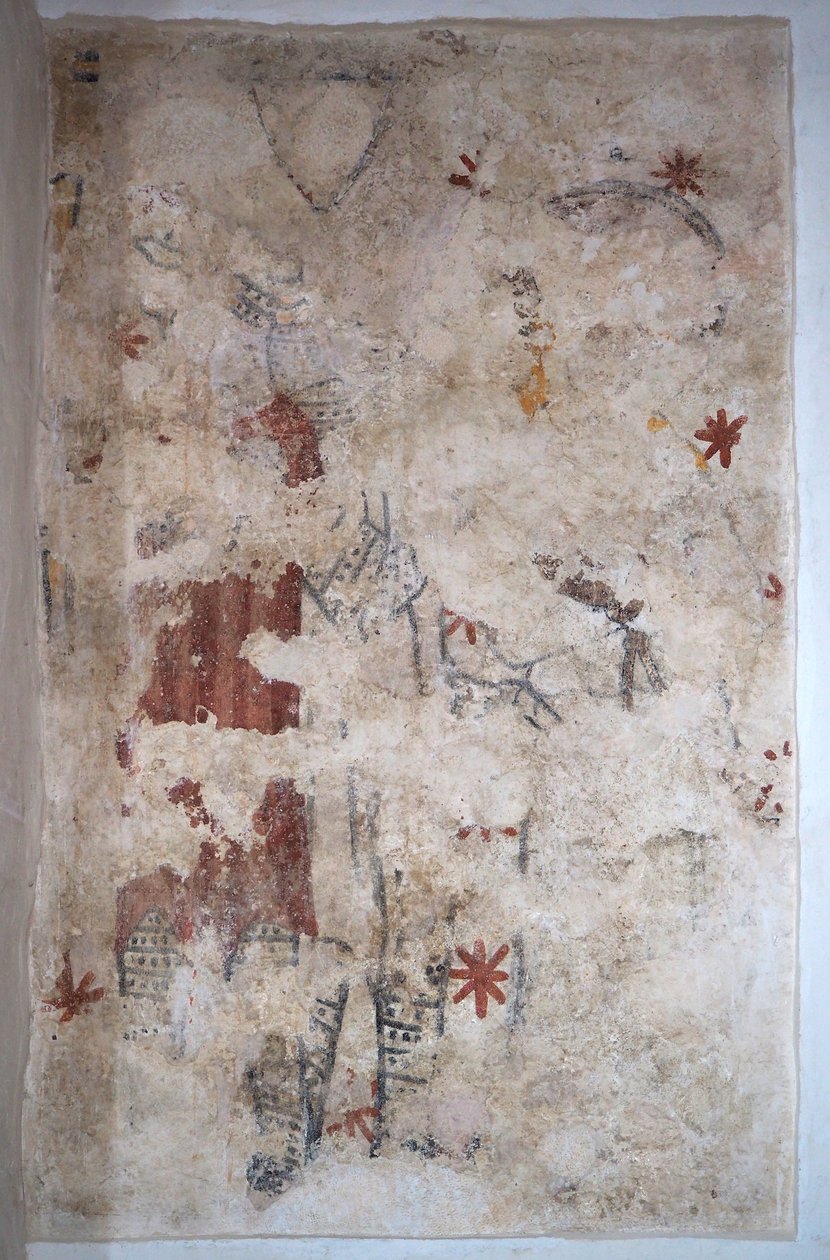 Burgund, Lancharre, Gemeinde Chapaize 71460. In der Kirche Notre Dame, Wandmalerei. Zwei Ritter in Kettenhemd (Fresko) von . .