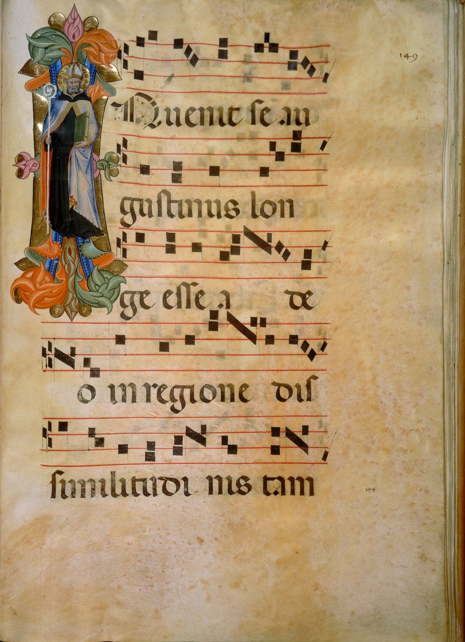 Illuminierte Initiale mit der Figur des Heiligen Augustinus (Corale 19, c. 149), Werk von Silvestro dei Gherarducci für Chorbuch 19 von Santa Maria degli Angeli, aufbewahrt in der Biblioteca Medice-Laurenziana in Florenz von Henry Charles Fehr