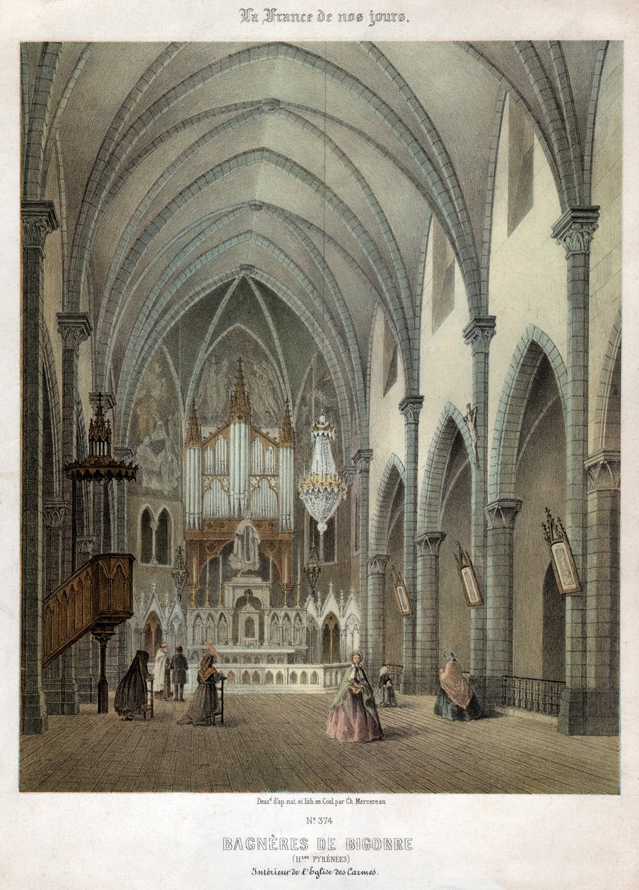 Innenraum der Karmeliterkirche in Bagnères-de-Bigorre. ca. 1870 (Gravur) von . .