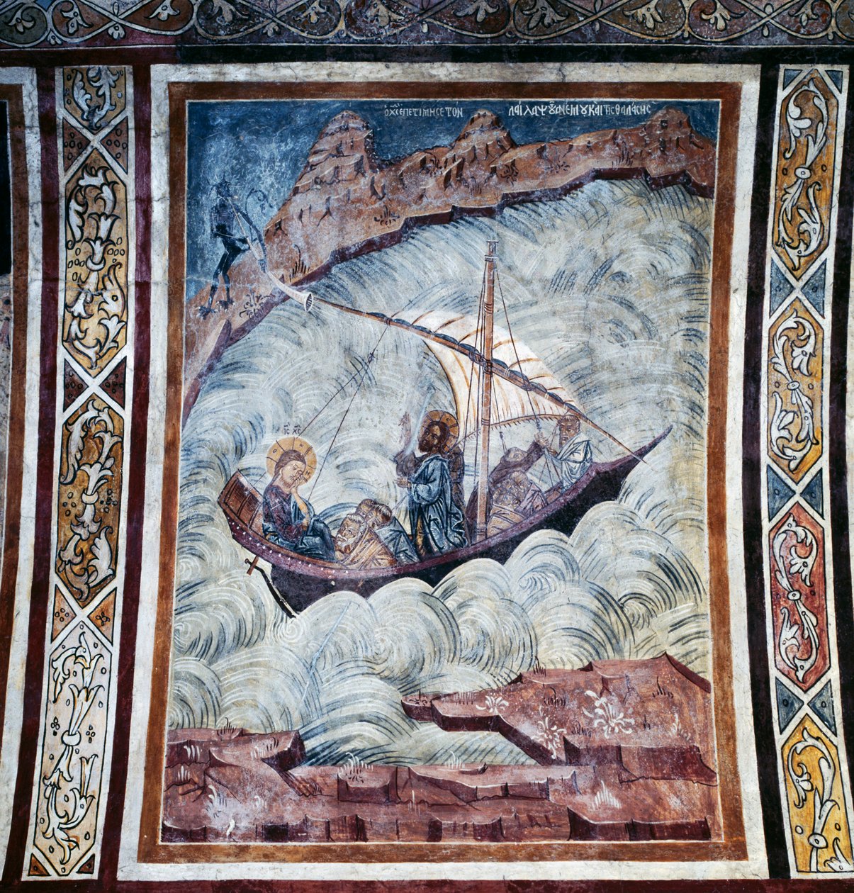 Jesus beruhigt den Sturm, Fresko im Gewölbe der Kirche des Thari-Klosters, Insel Rhodos, Griechenland von Georg Carl Heinrich Dollmann