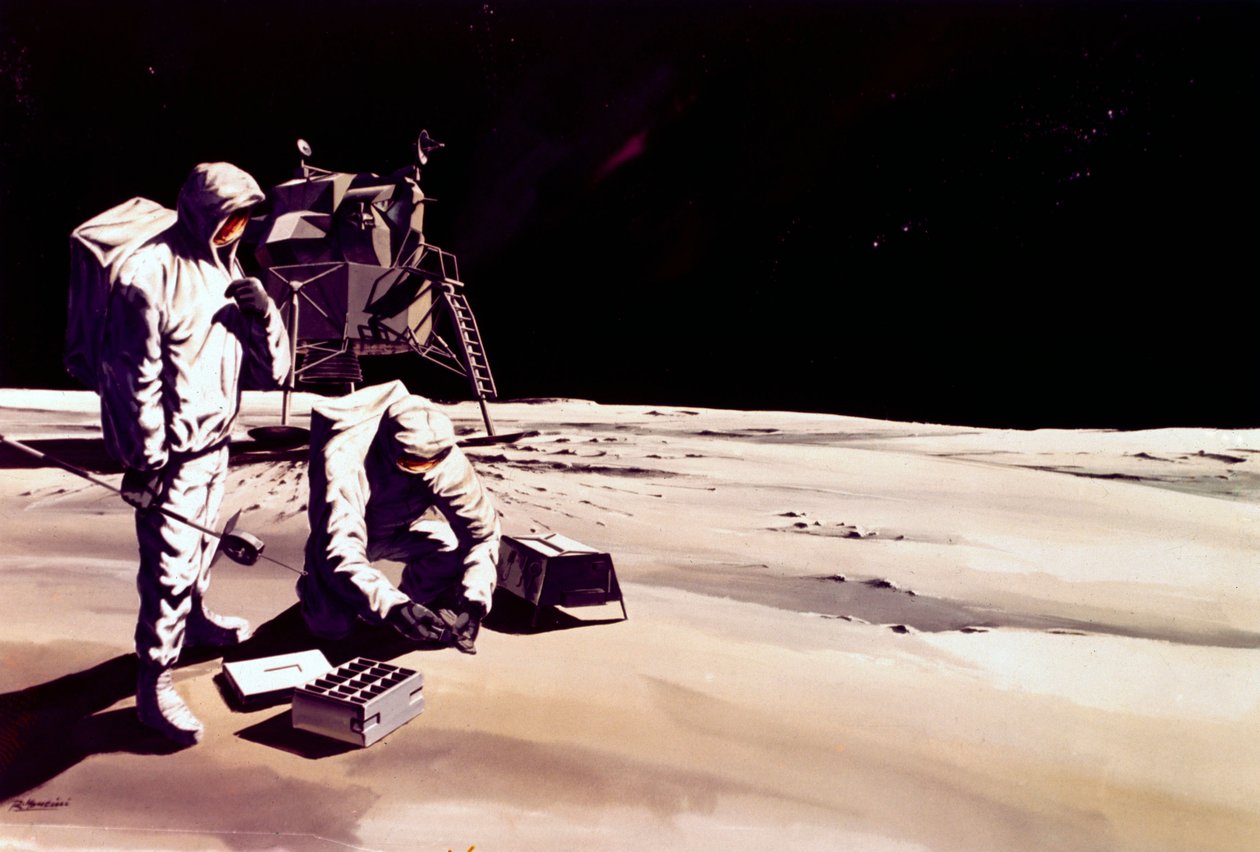 Bemannte Raumfahrt, USA, Apollo, General Künstlerische Darstellung von Astronauten, die auf dem Mond arbeiten von Ferdinand Georg Waldmuller