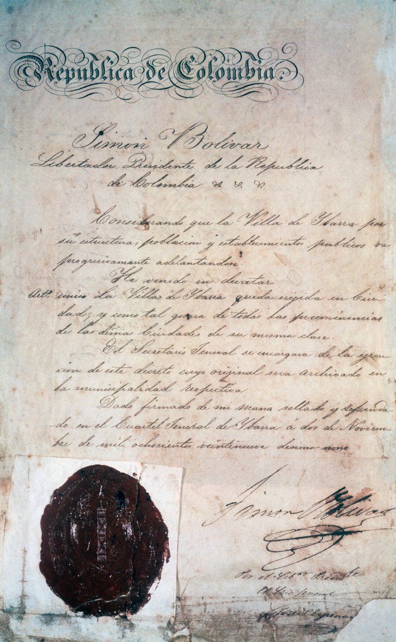 Der Akt, durch den Simon Bolivar die Stadt San Miguel de Ibarra zur Hauptstadt der umliegenden Provinz erklärte, damals Teil von Großkolumbien (heute Ecuador), 2. November von Georg Carl Heinrich Dollmann