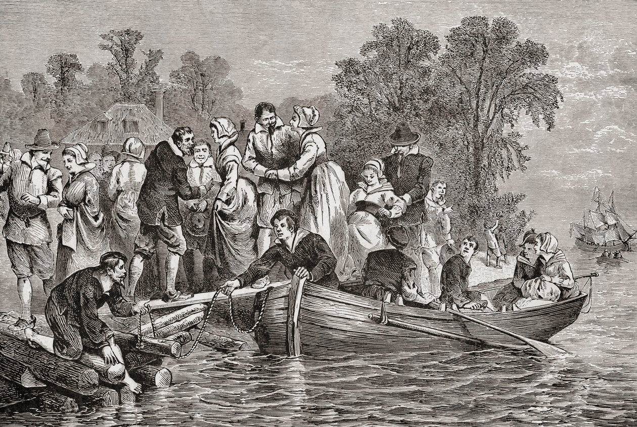 Tabakfrauen oder Tabakbräute kommen in Jamestown, Virginia, USA an von . .