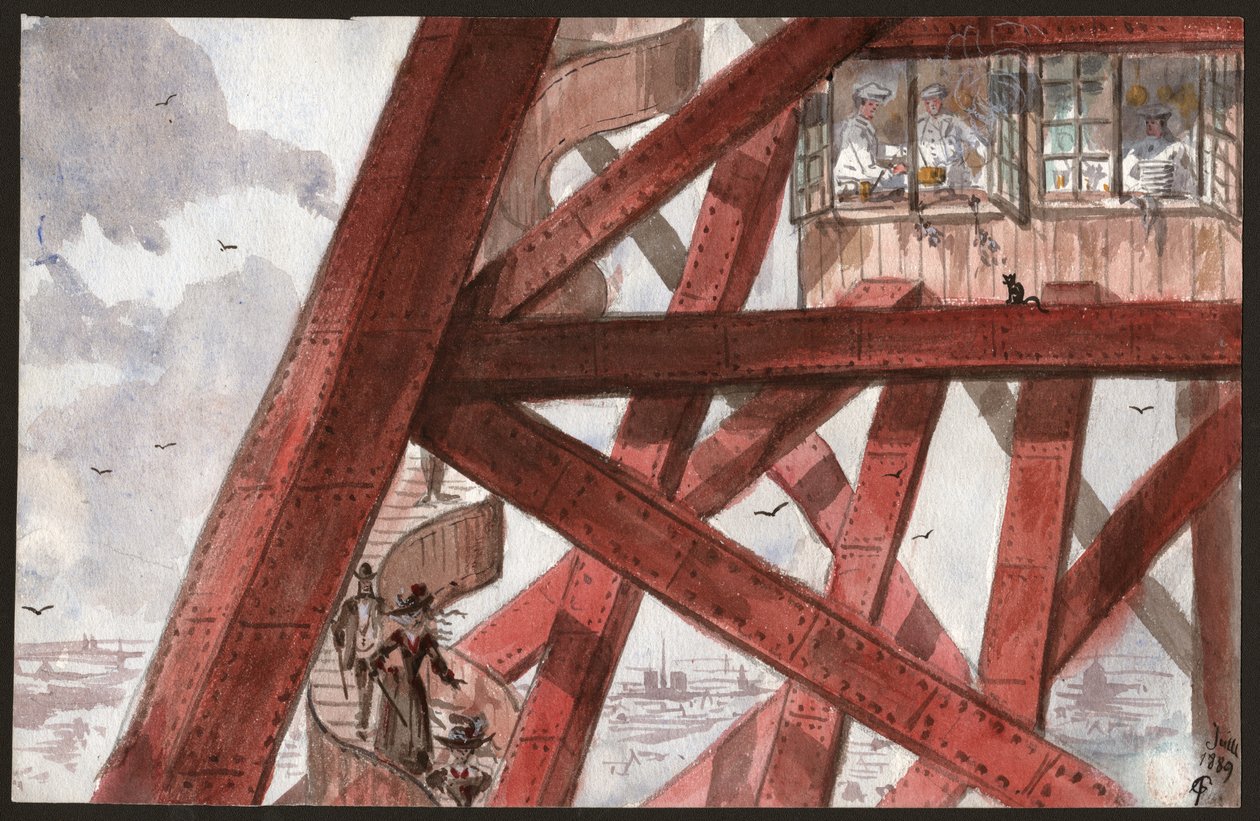 Touristen auf den Treppen des Eiffelturms, Paris. Köche kochen im Restaurant im ersten Stock. 1889 (Illustration) von . .