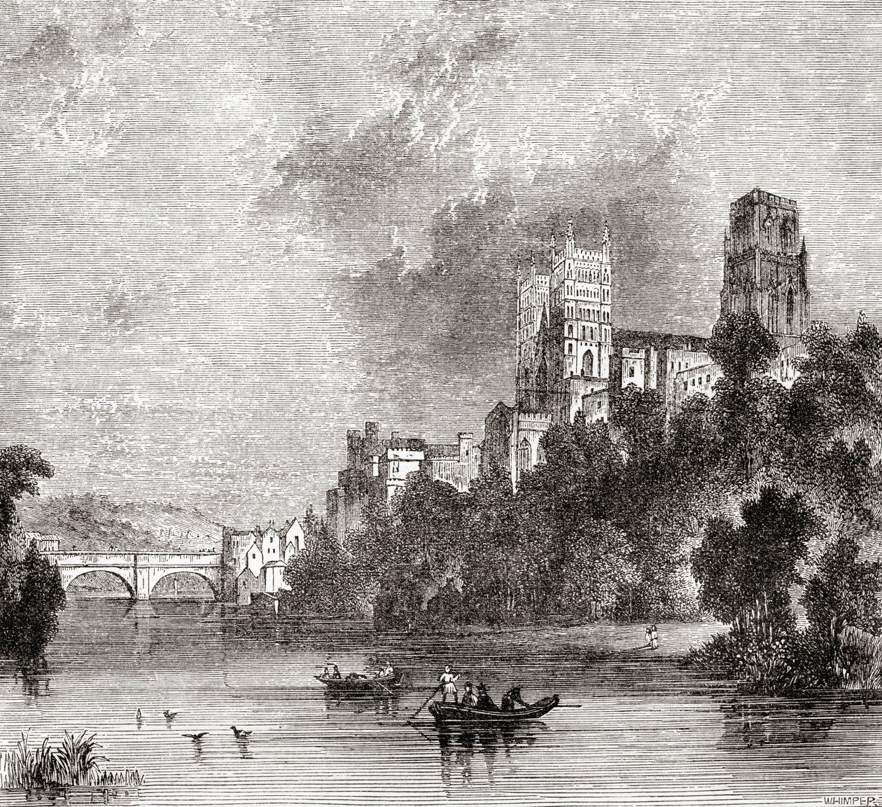Blick auf Durham und die Kathedrale, gesehen vom Fluss Wear, Durham, England von . .