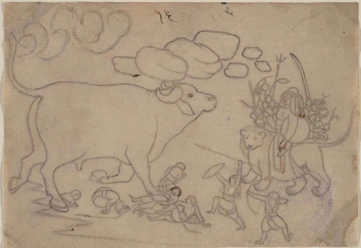 Durga konfrontiert den Büffeldämon Mahisha: Szene aus dem Devi Mahatmya von a first generation master after Nainsukh