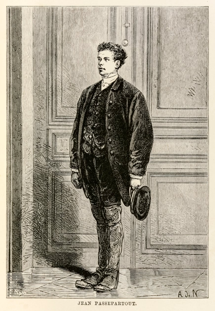 Jean Passepartout, aus In 80 Tagen um die Welt von Jules Verne, graviert von Louis Dumont, 1873 von after Alphonse Marie de Neuville