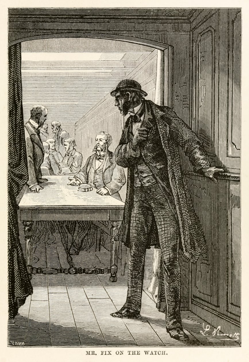 Mr. Fix auf der Wache, aus In 80 Tagen um die Welt von Jules Verne, graviert von Louis Dumont, 1873 von after Alphonse Marie de Neuville