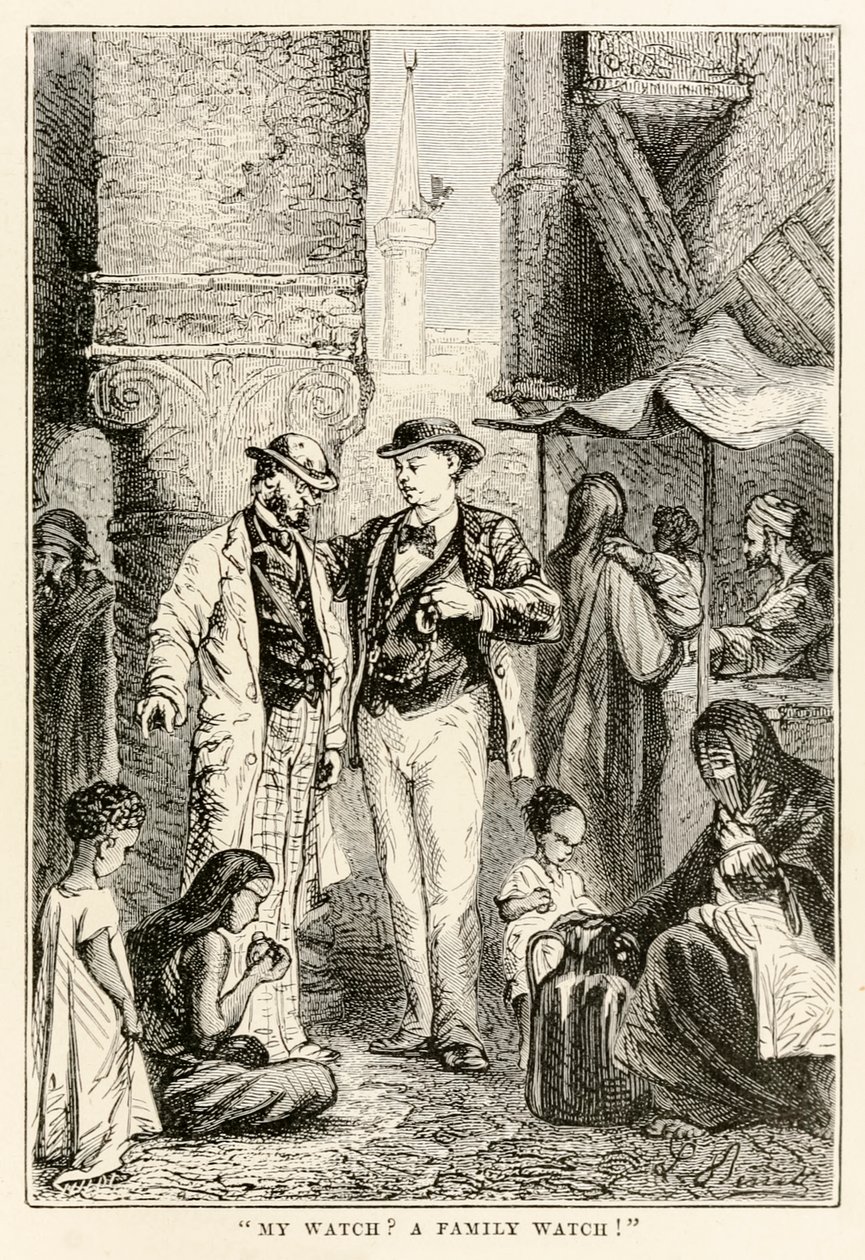 Meine Uhr? Eine Familienuhr!, aus In 80 Tagen um die Welt von Jules Verne, graviert von Louis Dumont, 1873 von after Alphonse Marie de Neuville