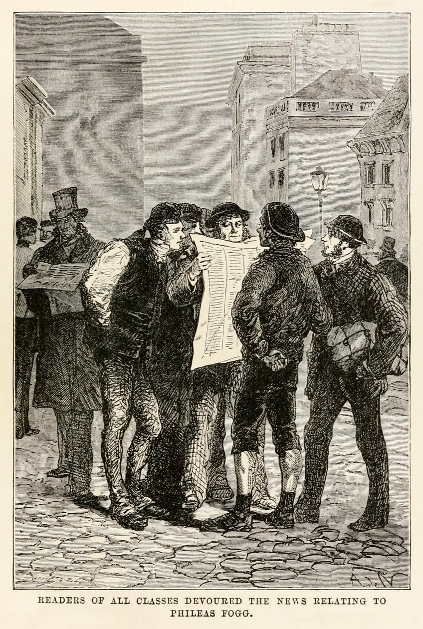 Leser aller Klassen verschlangen die Nachrichten über Phileas Fogg, aus In 80 Tagen um die Welt von Jules Verne, graviert von Louis Dumont, 1873 von after Alphonse Marie de Neuville