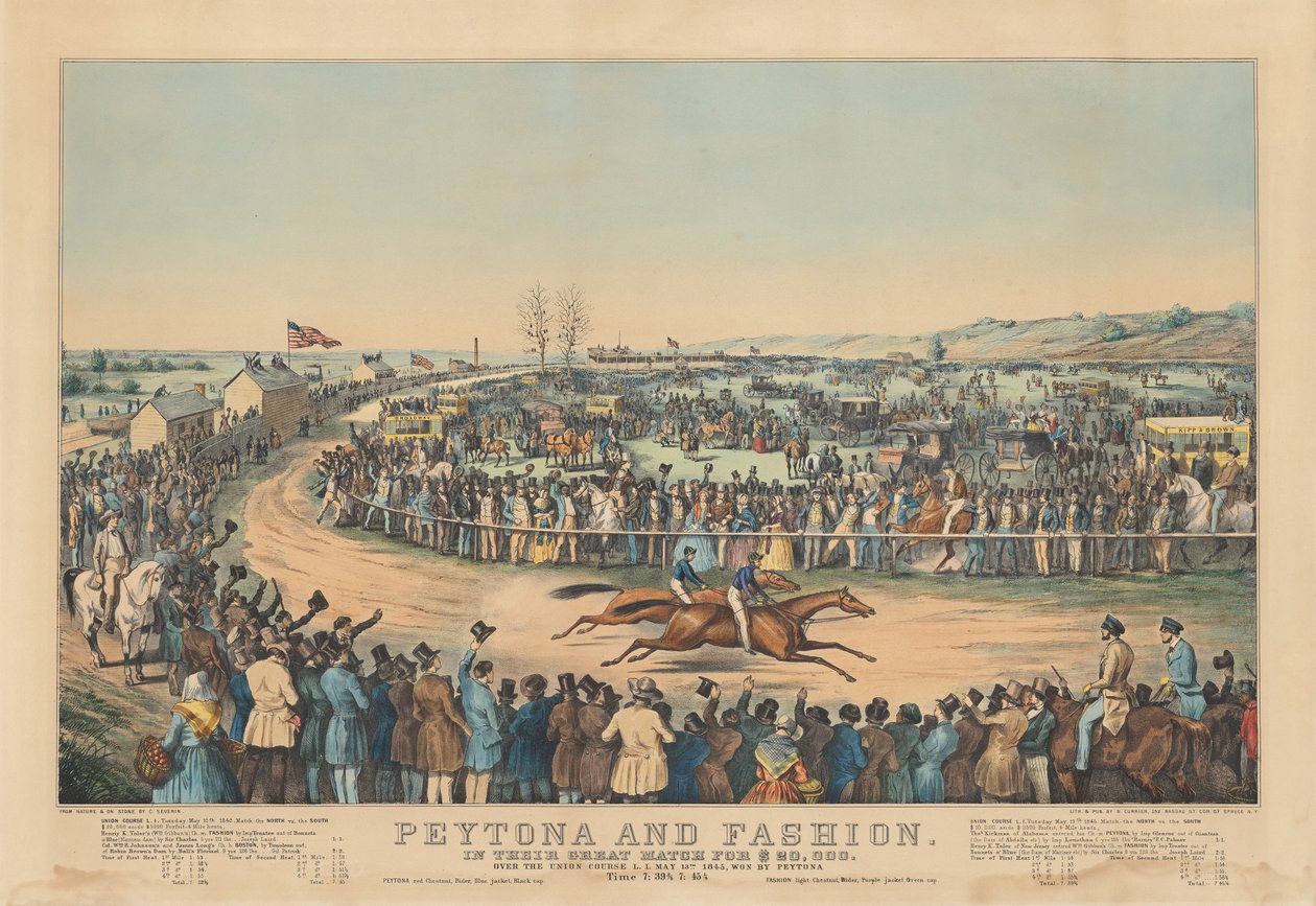 Peytona und Fashion: In ihrem großen Rennen um $20.000. Über den Union Course L.I. 13. Mai 1845, gewonnen von Peytona. Zeit 7:39 3/4, 7:45 1/4 von after Charles Severin