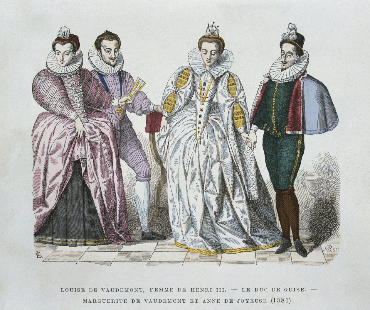 Louise von Lothringen-Vaudemont (1553-1601), Ehefrau von Heinrich III., Herzog von Guise (1549-88), Marguerite von Vaudemont (1564-1625) und Anne von Joyeuse (1561-87) von after Chevignard