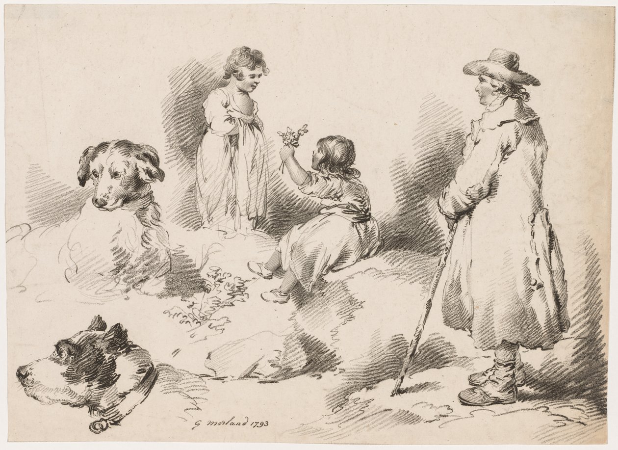 Studien von Kindern (zwei kleine Mädchen); zwei Hunde; ein Mann von after George Morland