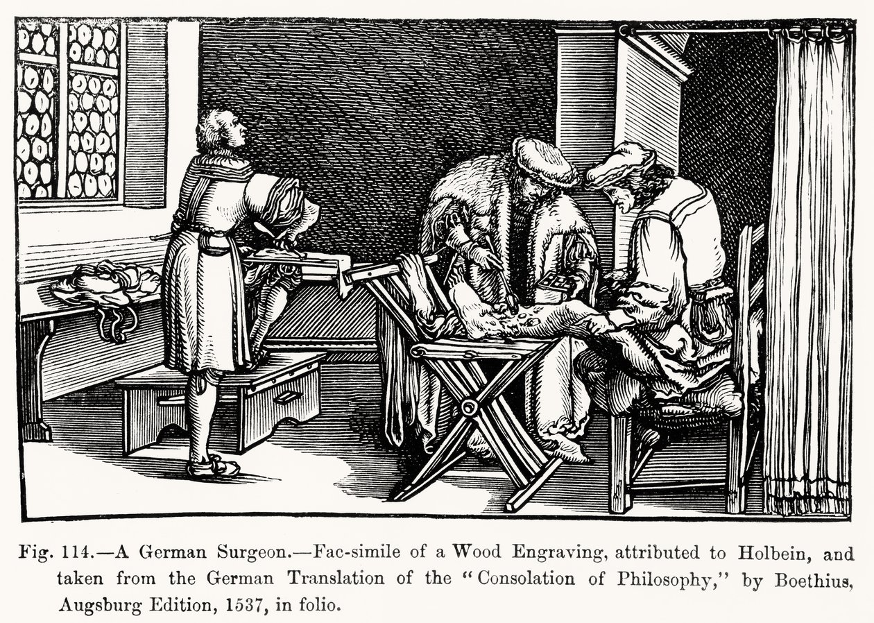 Ein deutscher Chirurg, aus Trost der Philosophie von Boethius, Illustration aus Wissenschaft und Literatur im Mittelalter und der Renaissance, geschrieben und graviert von Paul Lacroix, 1878 von after German School