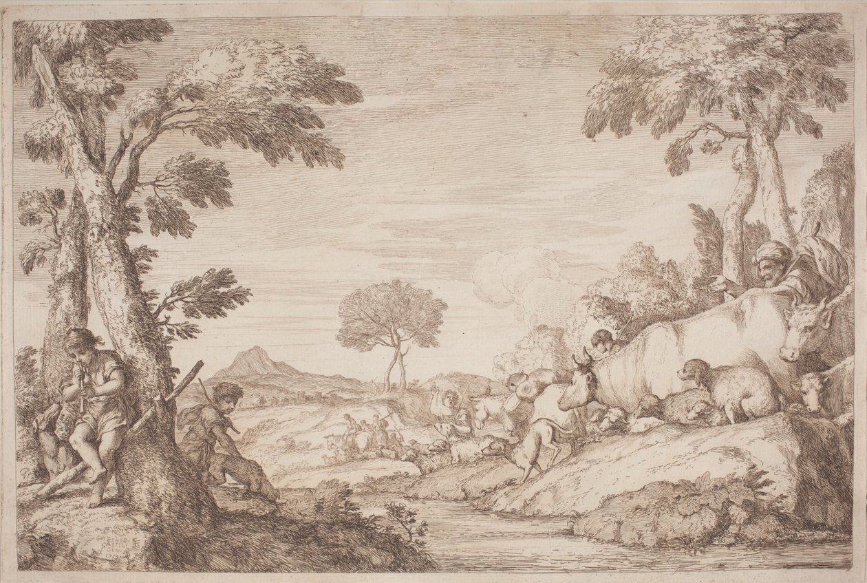 Eine pastorale Reise mit einem Jungen, der an einem Baum Flöte spielt von after Giovanni Benedetto Castiglione Gaetano Zompini
