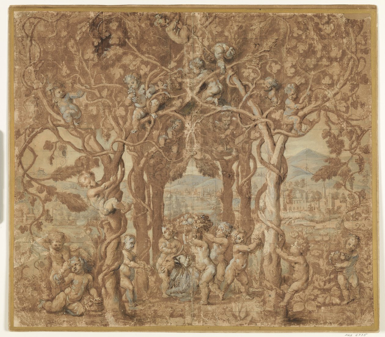 Putti ernten Wein und spielen mit einem Ziegenbock von after Giulio Romano