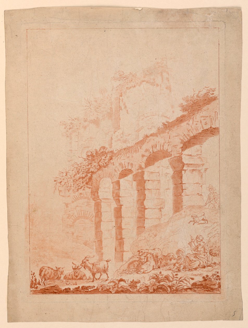 Ziegenhirten in Landschaft mit Ruinen von after Jean Baptiste Huet