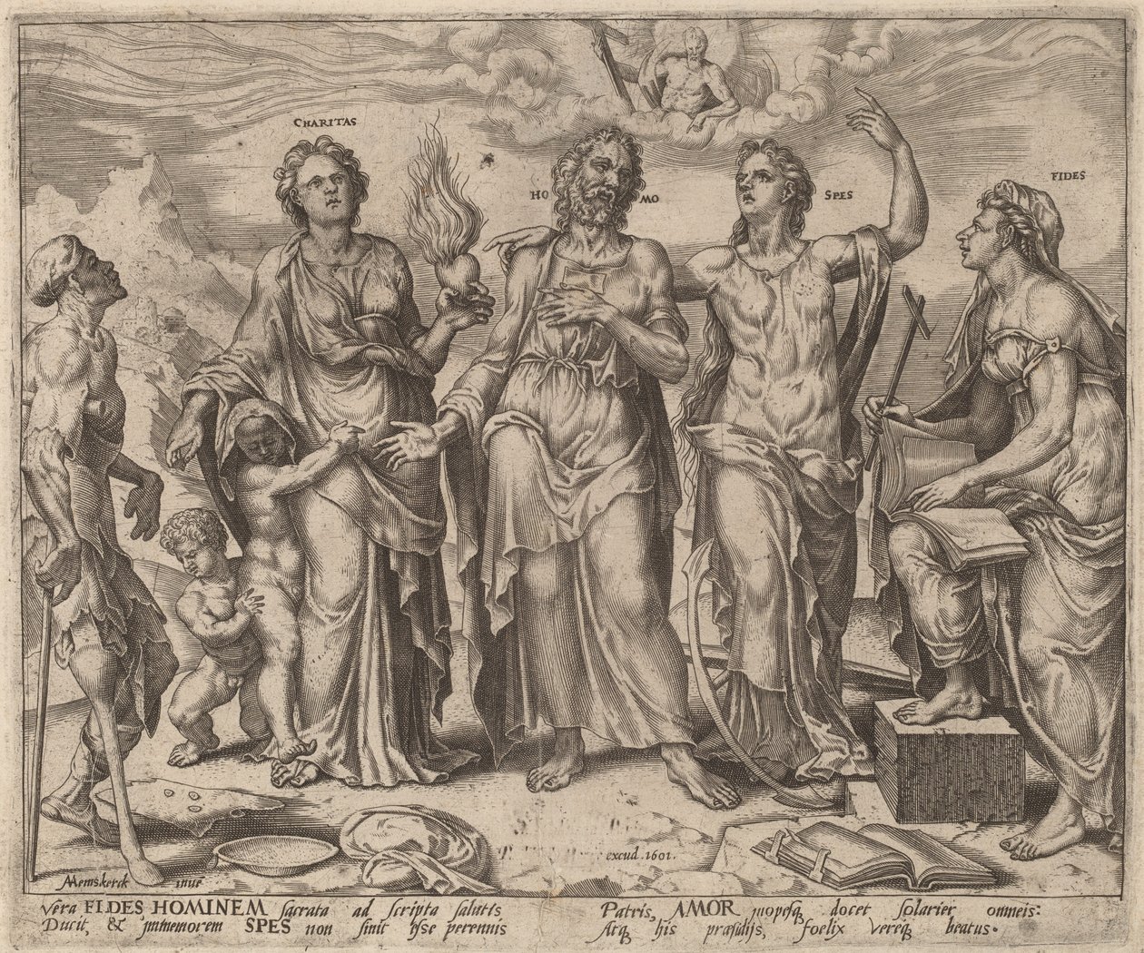 Mann unterstützt von Glaube, Hoffnung und Liebe von after Maerten van Heemskerck