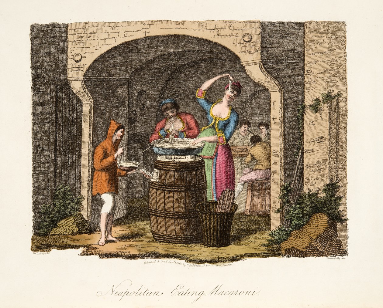 Neapolitaner essen Makkaroni, aus Italian Scenery, veröffentlicht 1806 von after P. van Lerberghi