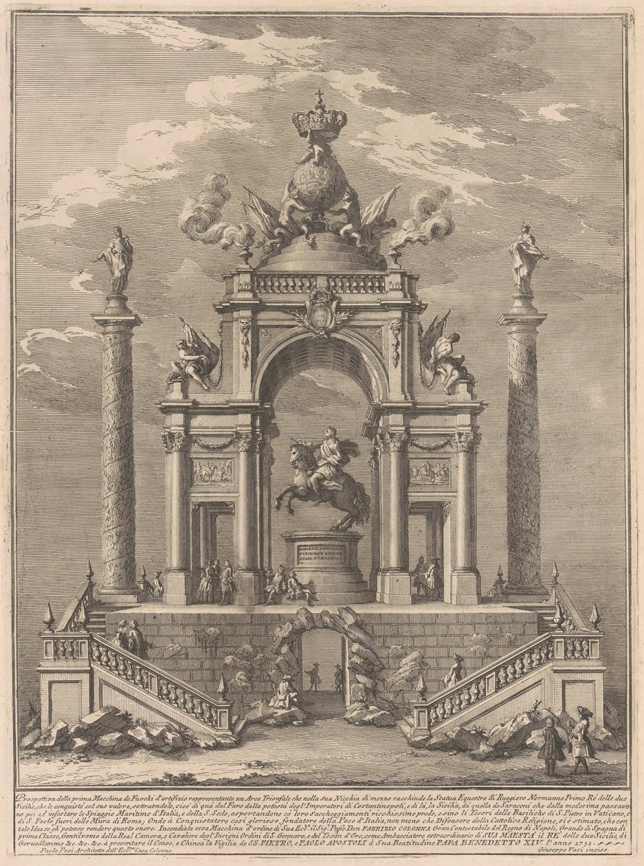 Die Prima Macchina für die Chinea von 1751: Triumphbogen für Roger I. von Sizilien von after Paolo Posi Giuseppe Vasi