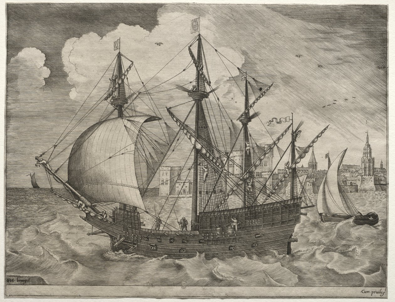 Segelschiffe: Bewaffneter Viermaster fährt zur See von after Pieter Bruegel