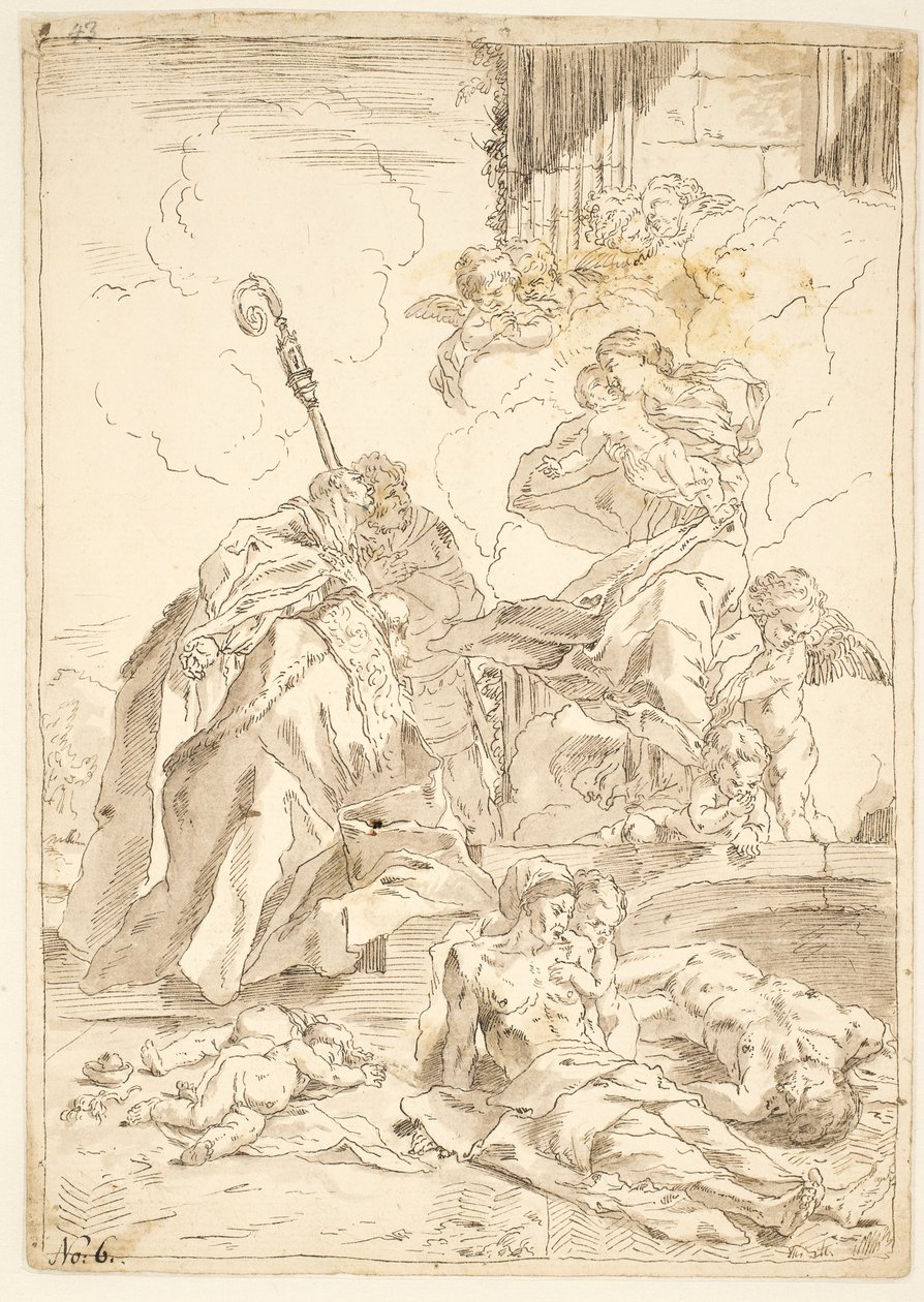 Die Madonna und das Kind erscheinen zwei männlichen Heiligen während eines Pestausbruchs von after Pietro Testa