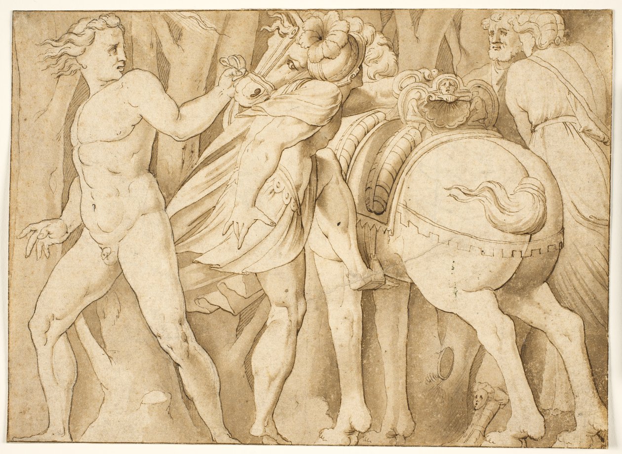 Szene aus der römischen Geschichte? Ein Mann besteigt ein Pferd, das von einem nackten Mann gehalten wird von after Polidoro da Caravaggio