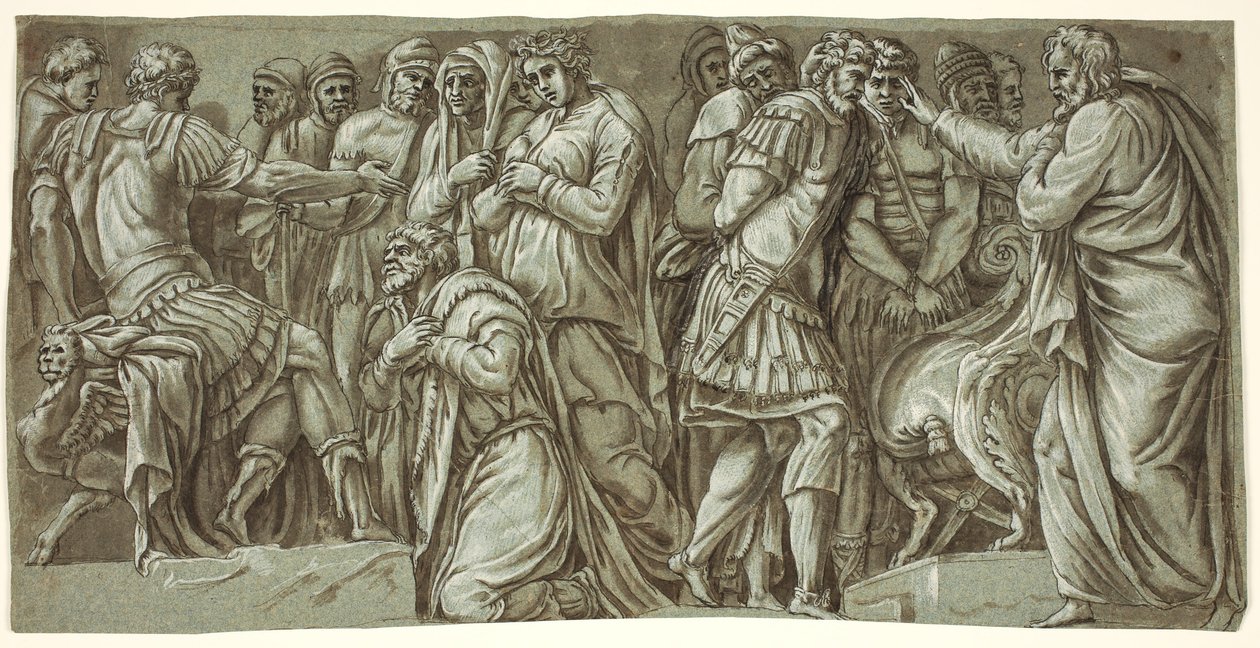 Die Familie des Darius vor Alexander und eine Szene mit Gefangenen; von der Fassade des Palazzo Milesi von after Polidoro da Caravaggio