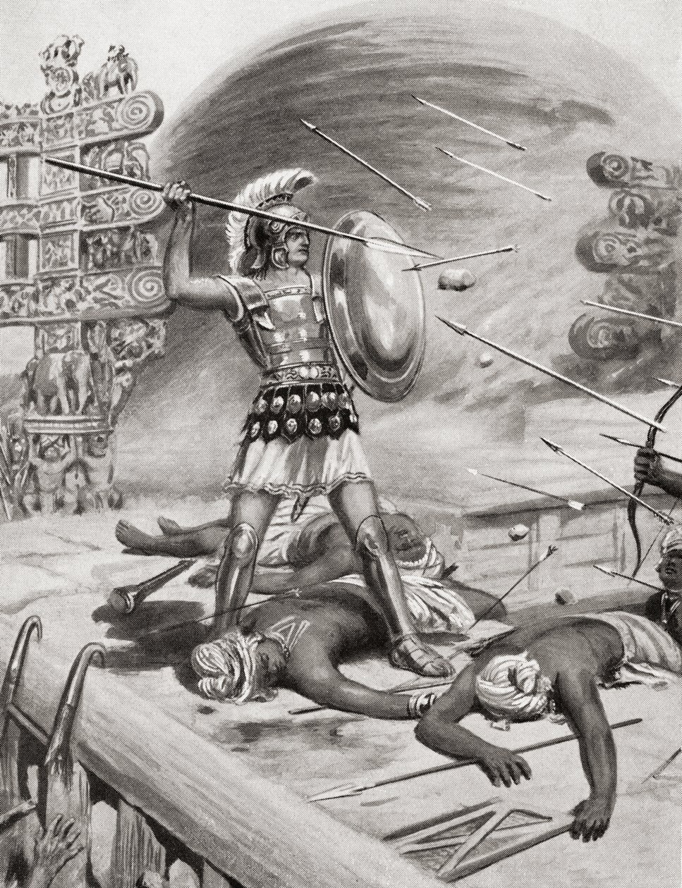 Alexander der Große kämpft gegen die Assacani in der befestigten Stadt Massaga, Indien während seines Indienfeldzugs im Jahr 326 v. Chr., aus Hutchinsons Geschichte der Nationen, veröffentlicht 1915 von after Robert Dudley