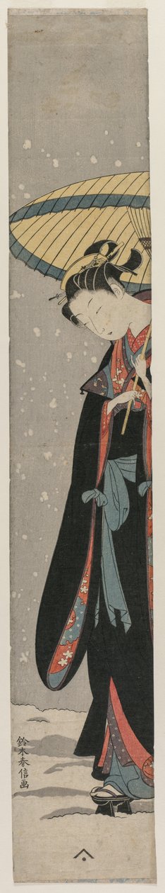 Junge Frau geht im Schnee mit Regenschirm von after Suzuki Harunobu