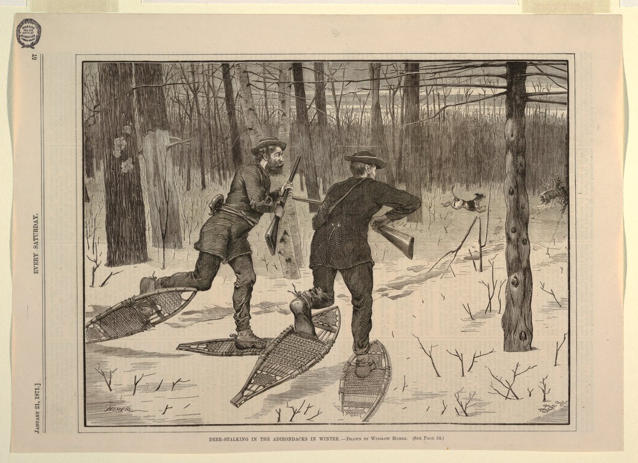 Hirschjagd in den Adirondacks im Winter, aus Every Saturday, 21. Januar 1871, S. 57 von after Winslow Homer