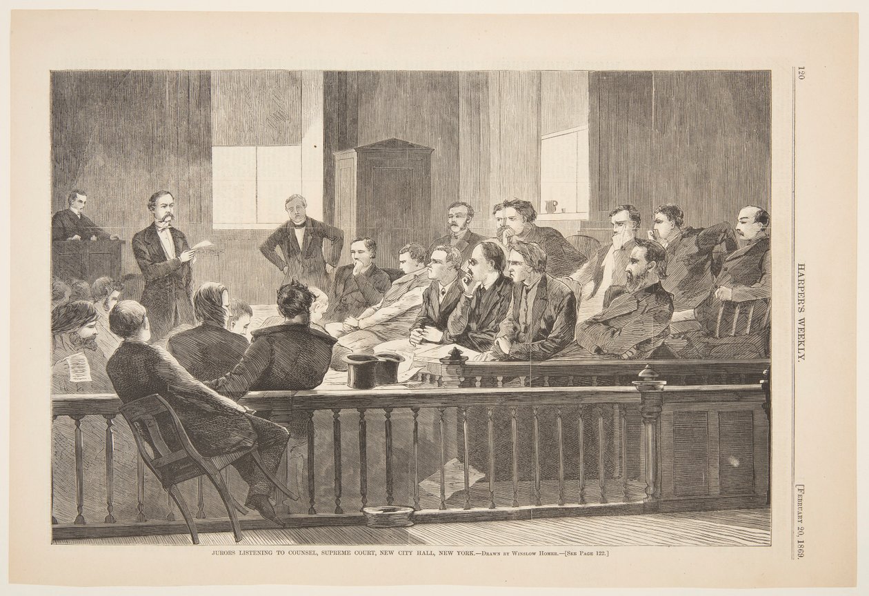 Geschworene hören dem Anwalt zu, Oberster Gerichtshof, Neues Rathaus, New York von after Winslow Homer