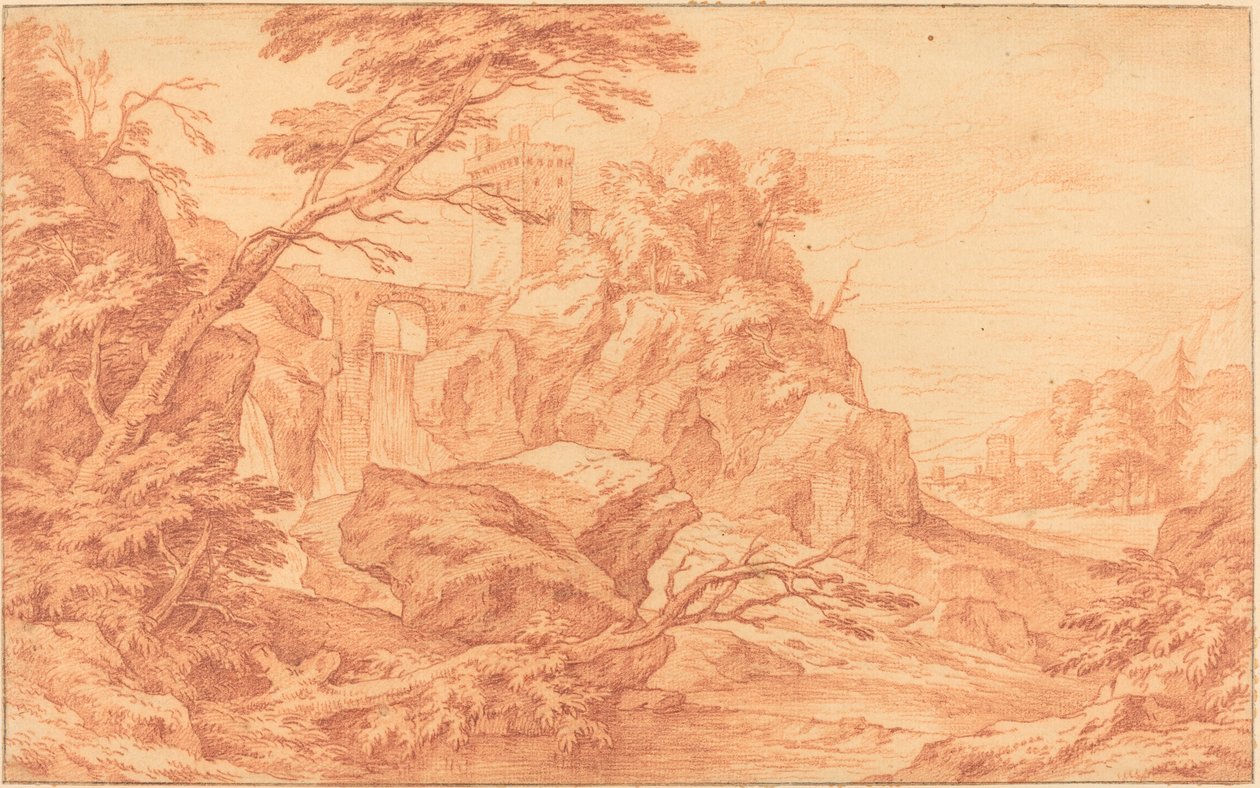 Eine felsige Landschaft mit einem Steinturm und einem Wasserfall von attributed to Adriaen Frans Boudewyns