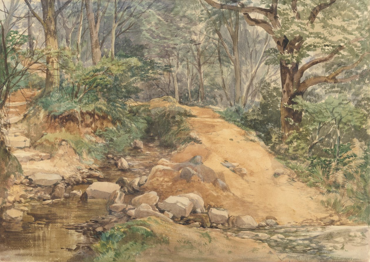Waldszene mit einem Pfad über einen Bach von attributed to John Middleton