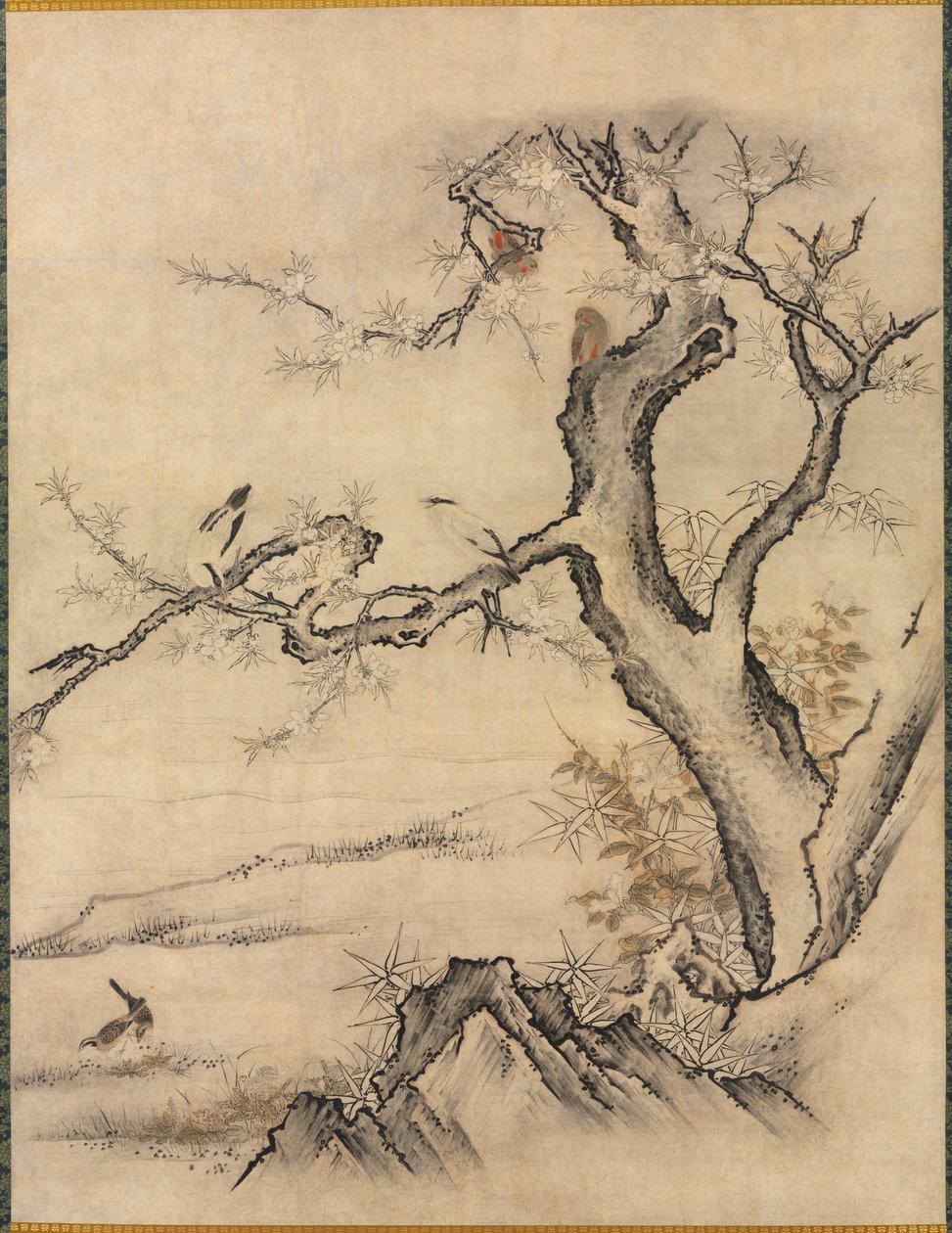 Blumen und Vögel in einer Frühlingslandschaft von attributed to Kano Motonobu