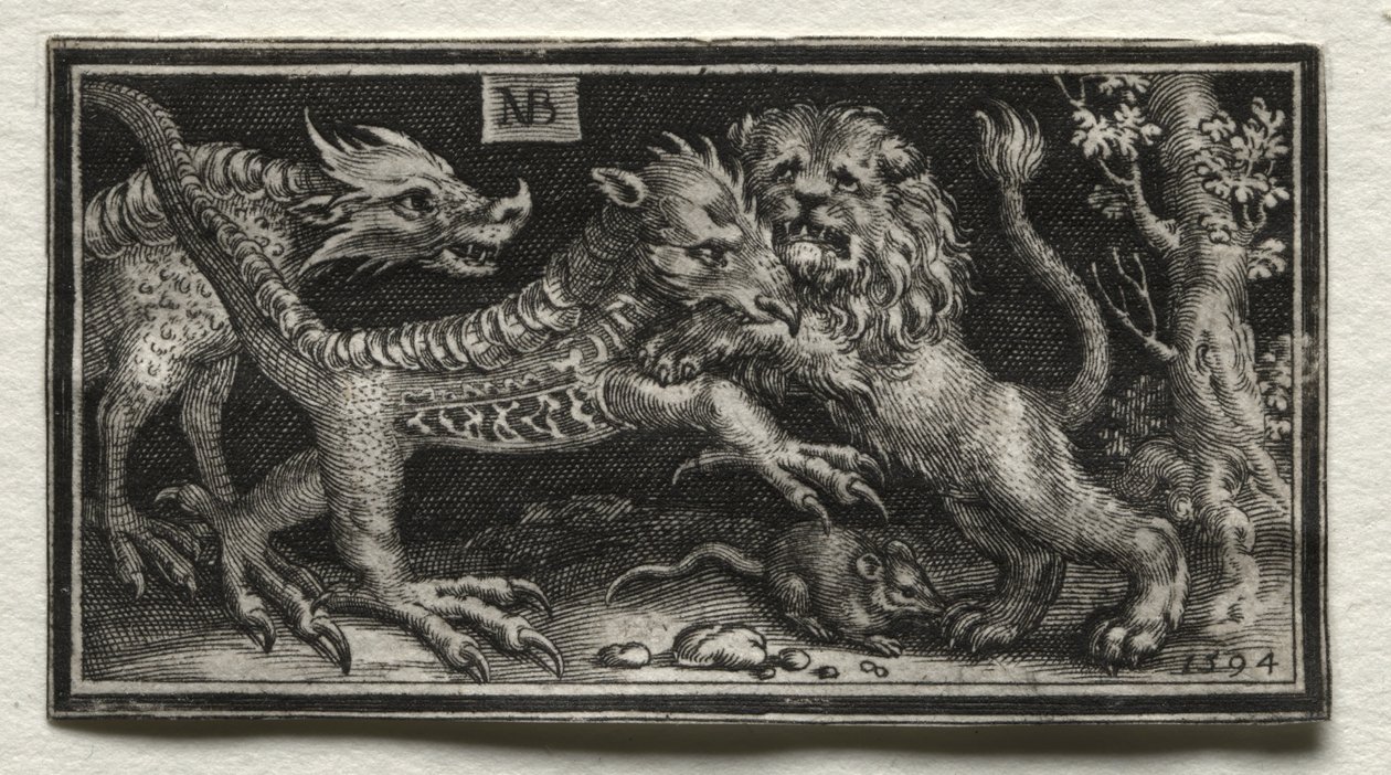 Löwe kämpft gegen zwei Bestien von attributed to Tobias Stimmer