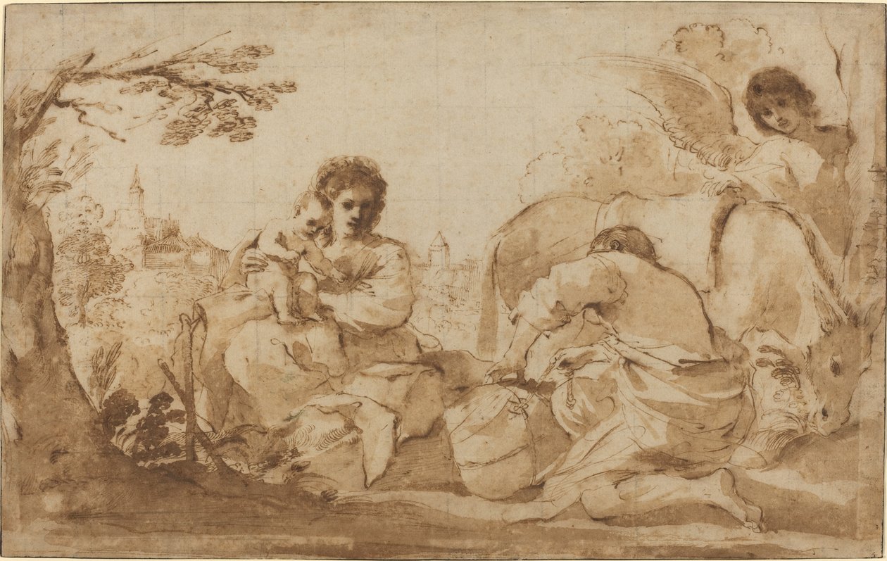 Die Rast auf der Flucht nach Ägypten von called Guercino Giovanni Francesco Barbieri