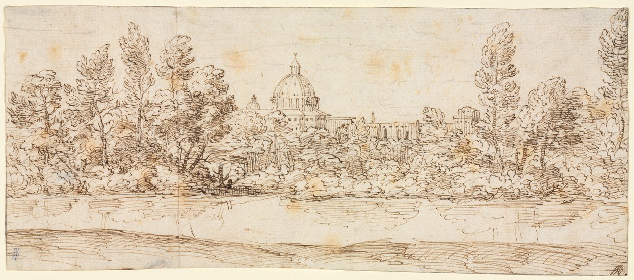 Flusslandschaft mit Blick auf die Petersbasilika von circle of Giovanni Francesco Grimaldi