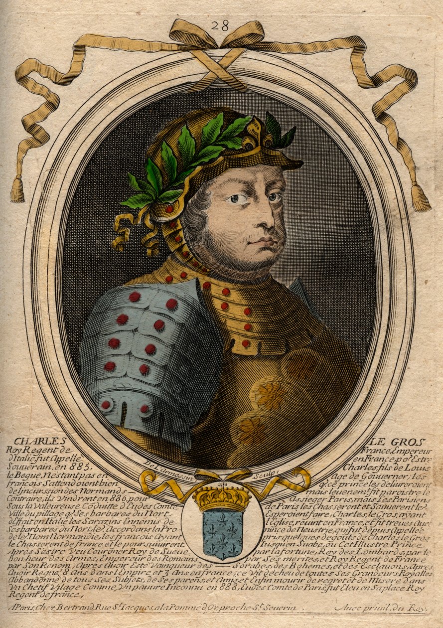 Karolingische Dynastie: Porträt von Karl III. Le Gros (839-888) König der Franken - Karl III. der Dicke - Gravur aus 