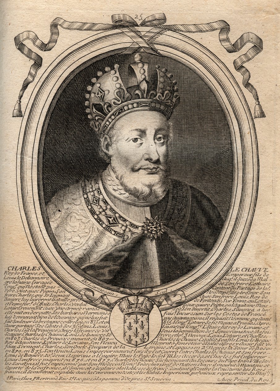 Porträt von Karl II. dem Kahlen (823 - 877), König von Frankreich - Karl II. (823-77) der Kahle - Gravur aus 