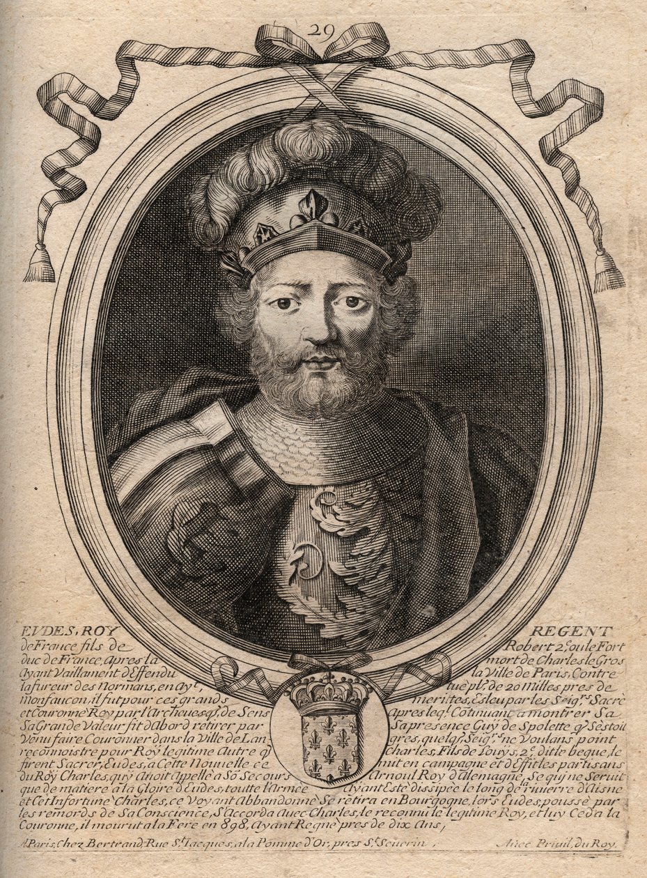 Porträt von Eudes (Odon) (ca. 860 - 898), Graf von Paris und Troyes, dann König von Frankreich - EUDES Graf von Paris, gewählt zum französischen Thron nach der Absetzung von Karl dem Kaiser - Gravur aus 