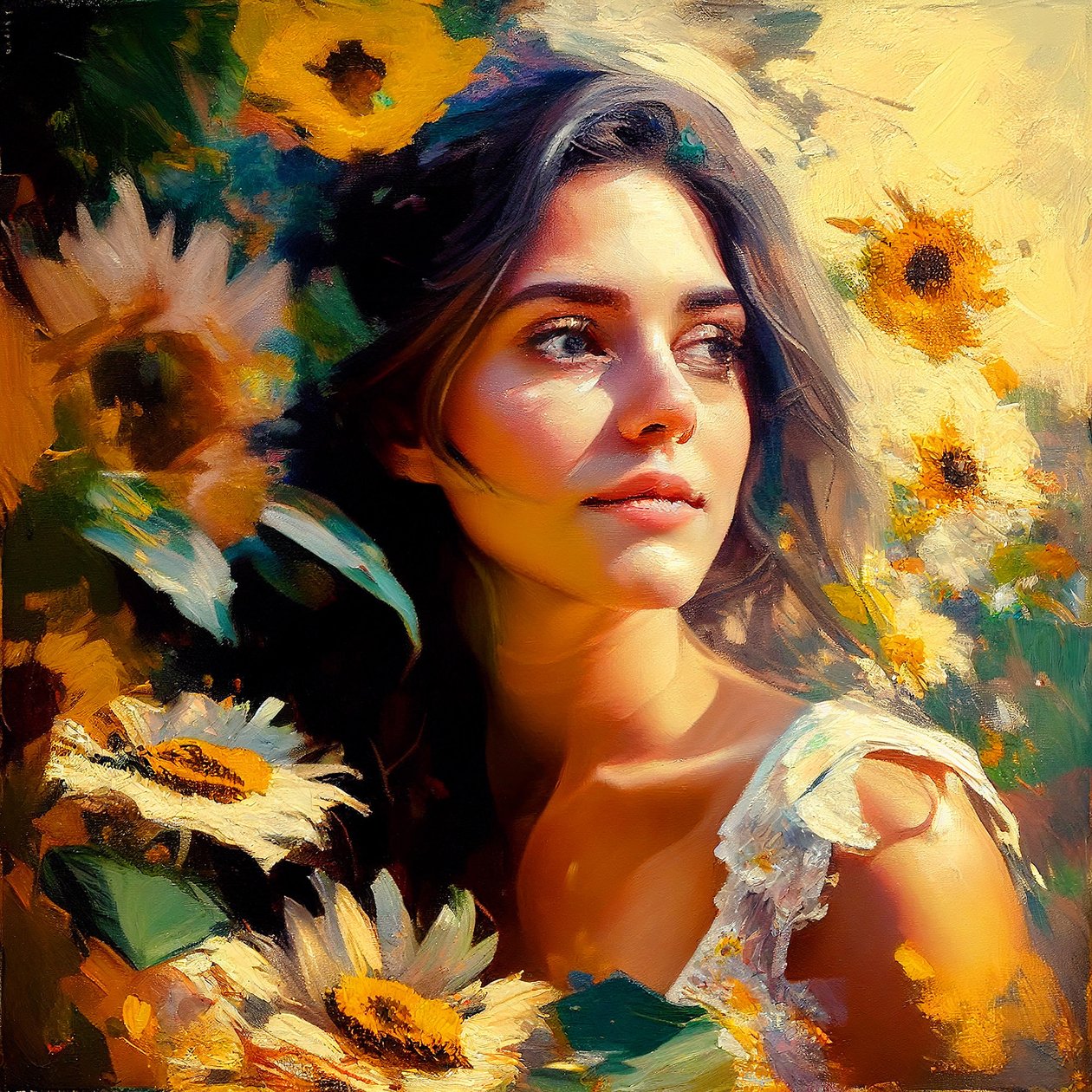 Ein schönes Mädchen in der Natur, umgeben von Sonnenblumen von F. Abderrahim