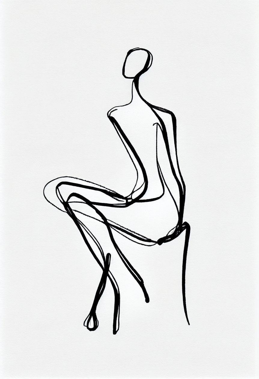 Sitzende Frau, Einlinienzeichnung Silhouette von F. Abderrahim