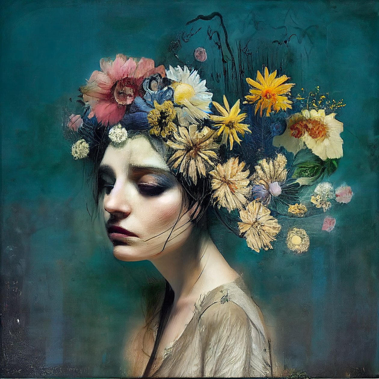 Schönes Mädchen mit Blumen, Abstrakte Malerei von F. Abderrahim