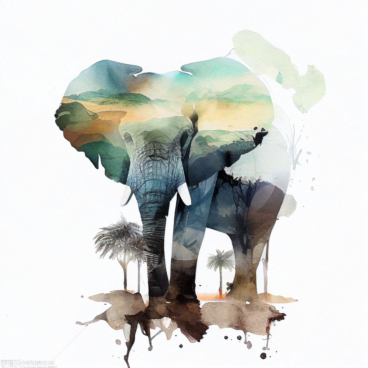 Aquarell Elefant & Afrikanische Savanne von F. Abderrahim