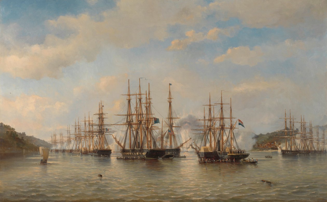 Niederländische, englische, französische und amerikanische Geschwader in japanischen Gewässern während der Expedition unter der Leitung des französischen Kommandanten Constant Jaurès, September 1864 von jonkheer Jacob Eduard van Heemskerck