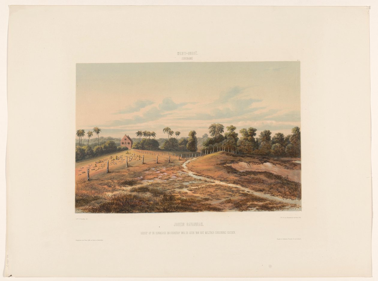 Jodensavanne. Gezigt auf die Synagoge und den Friedhof von der Seite des Militär-Cordonpfads gesehen von jonkheer Jacob Eduard van Heemskerck