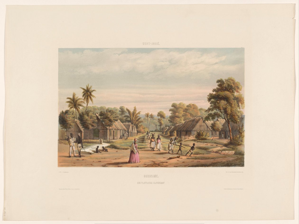 Sklavenquartiere auf einer Plantage Sklavenlager Suriname. Ein Plantagen-Sklavenlager von jonkheer Jacob Eduard van Heemskerck